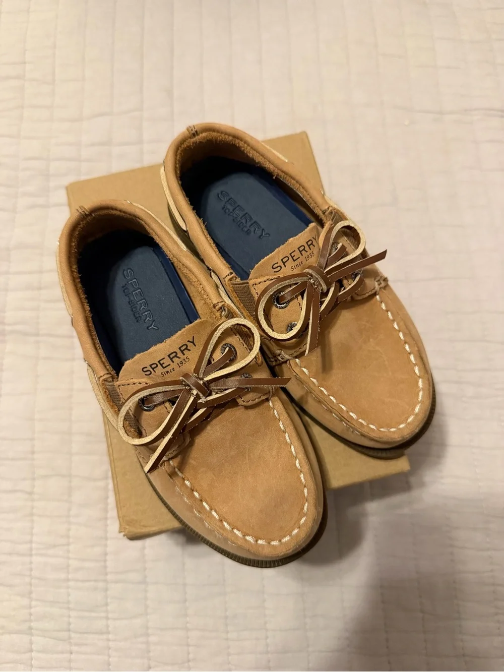Sperry Kids Tan Leather Boat Shoes with Navy Insole